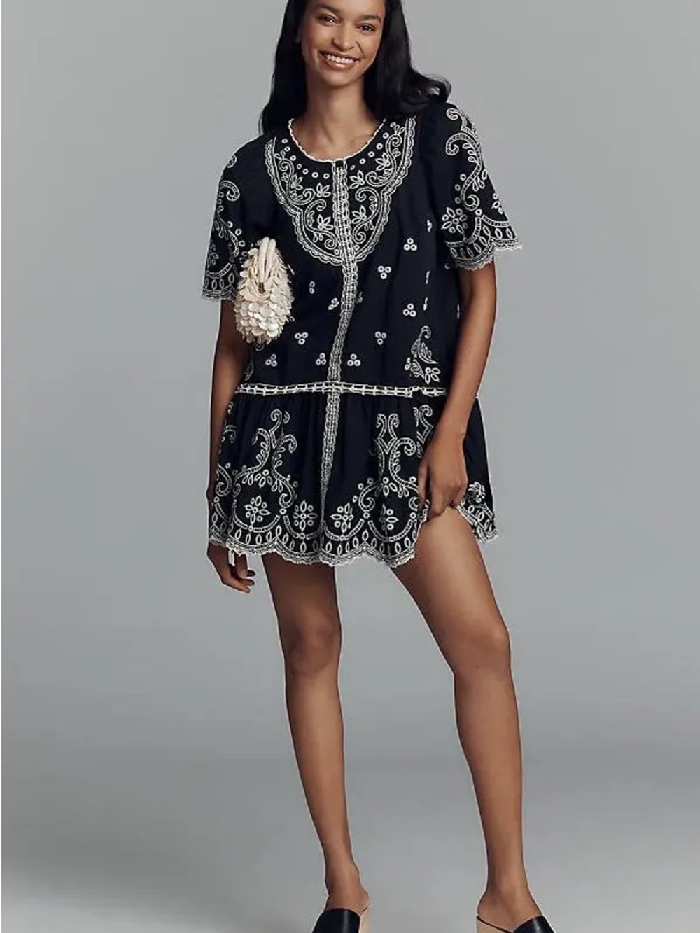 Maeve | NWT Black cotton Mini Dress with White Embroidery